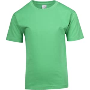 A bright green kid's regular T-shirt with short sleeves and a crew neck, featuring a label inside.