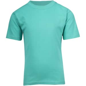 A green kid's regular T-shirt with short sleeves. The shirt has a simple design and includes a logo.