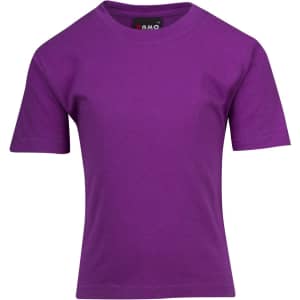 A purple kid's regular T-shirt with short sleeves and a logo on the neckline.