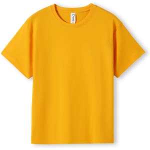 A bright yellow kid's regular T-shirt with a round neckline and short sleeves. It features a logo.
