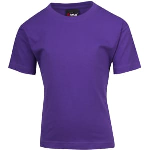 A purple kid's regular T-shirt with short sleeves and a logo on the neckline.