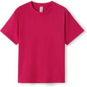 A pink kid's regular T-shirt with a crew neck and short sleeves. It has a logo on the label.