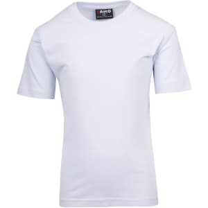 A light blue kid's regular T-shirt with short sleeves, featuring a logo on the label.