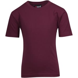 A burgundy kid's regular T-shirt with short sleeves and a round neckline, featuring a branded label.