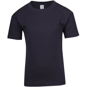 A navy blue regular T-shirt for kids, featuring short sleeves and a crew neck. It has a logo on the inside label.