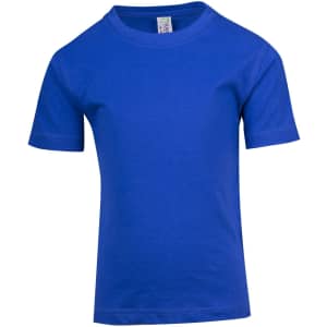 A blue kid's regular T-shirt featuring a short sleeve design and a label inside the neck.