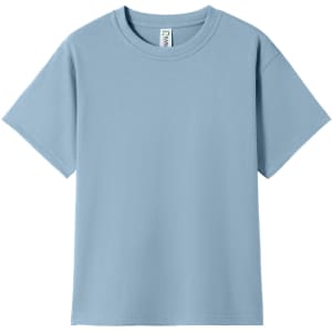 A light blue kid's regular T-shirt with short sleeves and a round neckline, featuring a label.