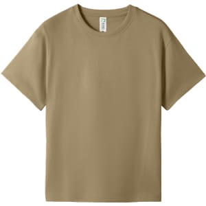 A khaki kid's regular T-shirt with short sleeves and a label inside. It has a simple design and no visible branding.