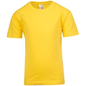 A yellow kid's regular T-shirt with short sleeves and a simple design, featuring a logo on the label.