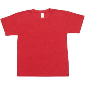 A bright red kids' bamboo cotton T-shirt featuring a simple design and a neutral label inside.