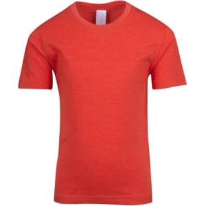 A red crew neck T-shirt for kids, featuring short sleeves and a simple design. It has a logo on the label.