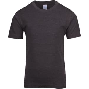 A grey crew neck T-shirt for kids, featuring short sleeves and a branding logo.