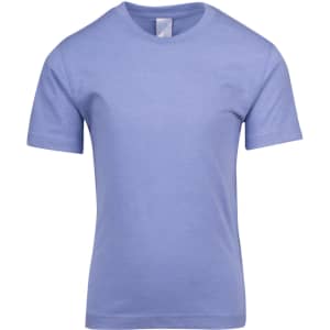 A light blue crew neck T-shirt for kids, featuring short sleeves and a logo at the neck.