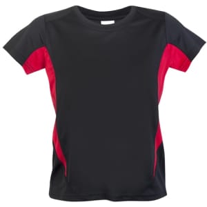 A black and red kids' T-shirt with short sleeves and a sporty design. It features contrasting side panels and has a logo.