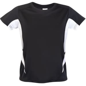 A kids' T-shirt in black with white accents, featuring a logo on the front. Designed for comfort and active wear.