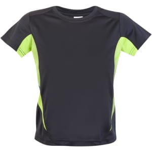 A black and bright green kids' T-shirt with short sleeves, featuring a logo on the front.