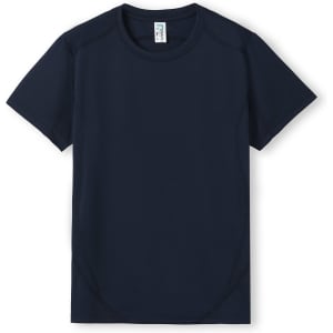 A navy blue children's T-shirt with a round neckline and short sleeves. It features a brand logo.