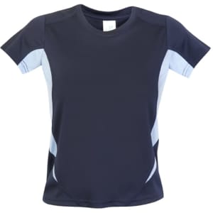 A navy-blue children's T-shirt with light blue side panels and a logo.