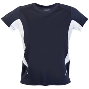 A navy blue kids' t-shirt with white accents and a logo, featuring a relaxed fit and short sleeves.