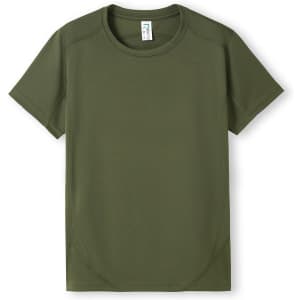 A green Kids Accelerator Cool-Dry T-shirt featuring short sleeves and a logo on the label.