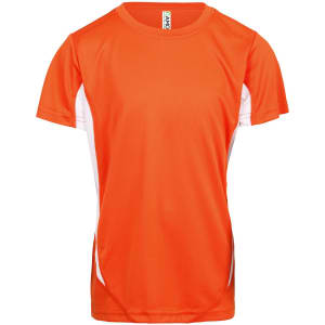 An orange t-shirt with white accents, featuring short sleeves and a branded logo.