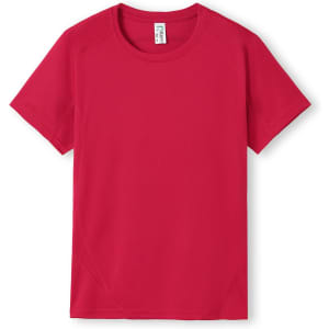 A red Kids Accelerator Cool-Dry T-shirt with short sleeves and a sleek fit. The shirt features a logo.