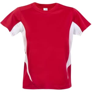 A red and white Kids Accelerator Cool-Dry T-shirt featuring a logo. Suitable for active wear.