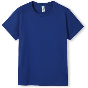 A blue Kids Accelerator Cool-Dry T-shirt with short sleeves and a smooth texture, featuring a logo.