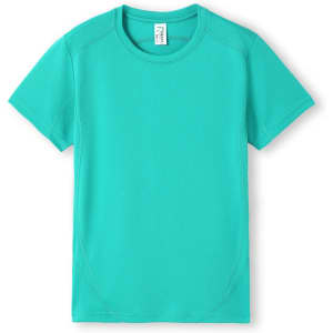 A turquoise Kids Accelerator Cool-Dry T-shirt with a fitted design and logo.
