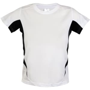 A white and black Kids Accelerator Cool-Dry T-shirt with short sleeves and a subtle logo.