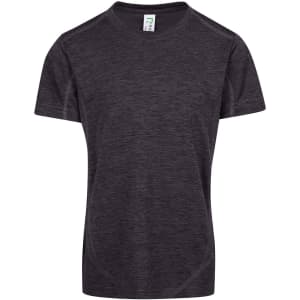 A black 100% polyester kid's T-shirt with a short sleeve design and a logo on the label.