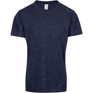 A navy blue Kid's Challenger 100% polyester T-shirt featuring a logo on the label.