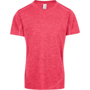 A bright pink 100% polyester T-shirt with short sleeves, featuring a logo on the tag.