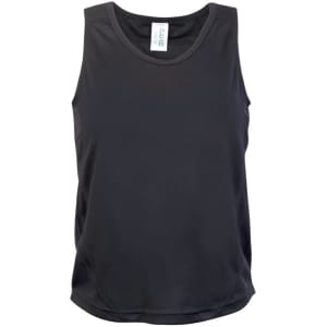 A black kids' singlet featuring a sleeveless design and a logo on the label.