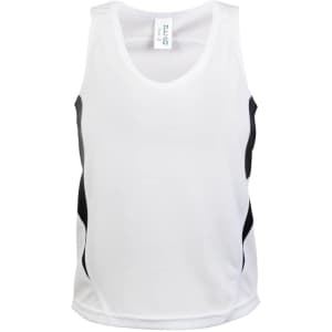 A white singlet with black accents and a logo, designed for kids. Made from cool-dry fabric.