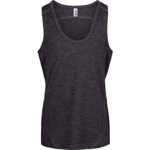 A black 100% polyester singlet with a round neckline and fitted design, featuring a logo.