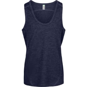 A navy blue kids' singlet made from 100% polyester, featuring a logo on the label.