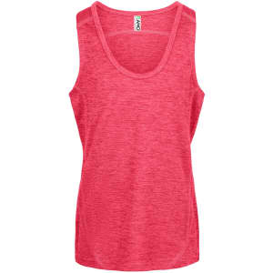 A pink 100% polyester singlet with a scoop neckline and casual fit, featuring a small logo.
