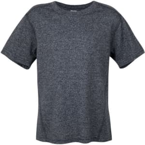 A grey heather t-shirt with short sleeves and a relaxed fit, featuring a simple design and no visible logo.