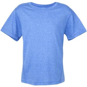 A blue heather short-sleeved t-shirt with a simple design and a logo on the front.