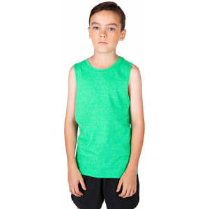A bright green singlet tank top for kids, featuring a relaxed fit and no sleeves.