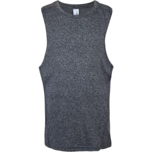 A grey sleeveless tank top made from a textured fabric, featuring a logo tag at the neckline.