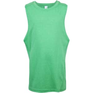 A green tank top with no sleeves, featuring a simple design and a small brand logo. Ideal for kids' wear.