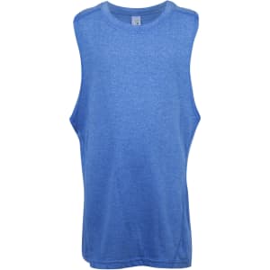 A blue sleeveless tank top featuring a logo, designed for kids.