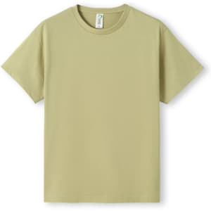A light green T-shirt with short sleeves and a simple design. It includes a label and features a logo.