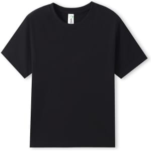 A black organic T-shirt for kids with short sleeves, featuring a label and no visible logos.