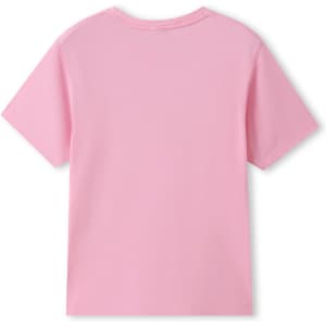 A pink organic T-shirt with short sleeves, featuring a plain back and a simple design.