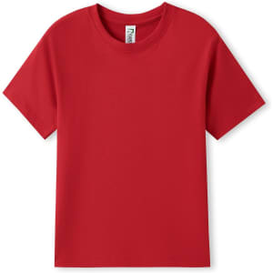 A red organic t-shirt made for kids, featuring a round neck and short sleeves. It includes a branded label.