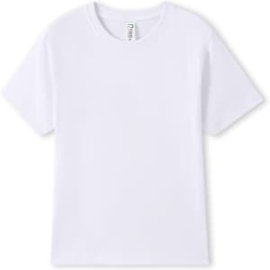 A plain white organic t-shirt with short sleeves and a tag, featuring a logo.