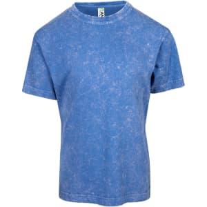 A blue stone wash T-shirt with a crew neck and short sleeves, featuring a logo on the label.